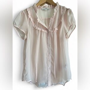 Y2K Forever 21 Womens Pink Ruffle Sheer Puff Sleeve Coquette Babydoll Large